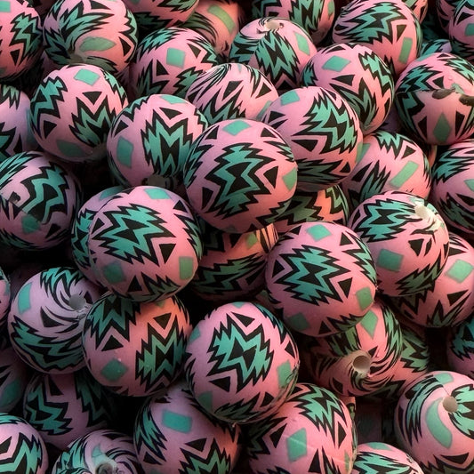 Hot Pink Aztec 15mm Silicone Bead