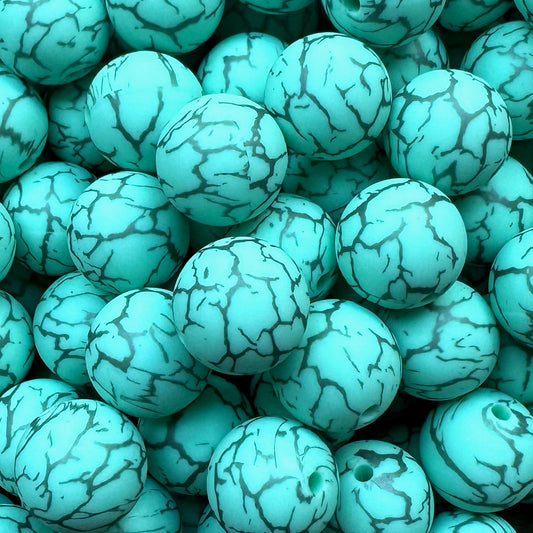 15mm Teal Crackle Silicone Bead