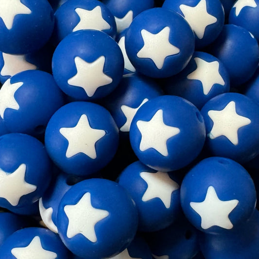15mm Blue With White Star Silicone Bead