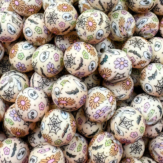 15mm Flowers & Skulls Silicone Bead