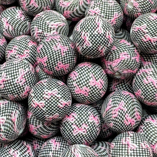 15mm Checkers & Bows Silicone Bead