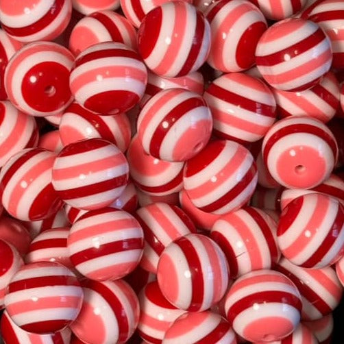 20mm Pink, Red, and White Stripe Acrylic Bead