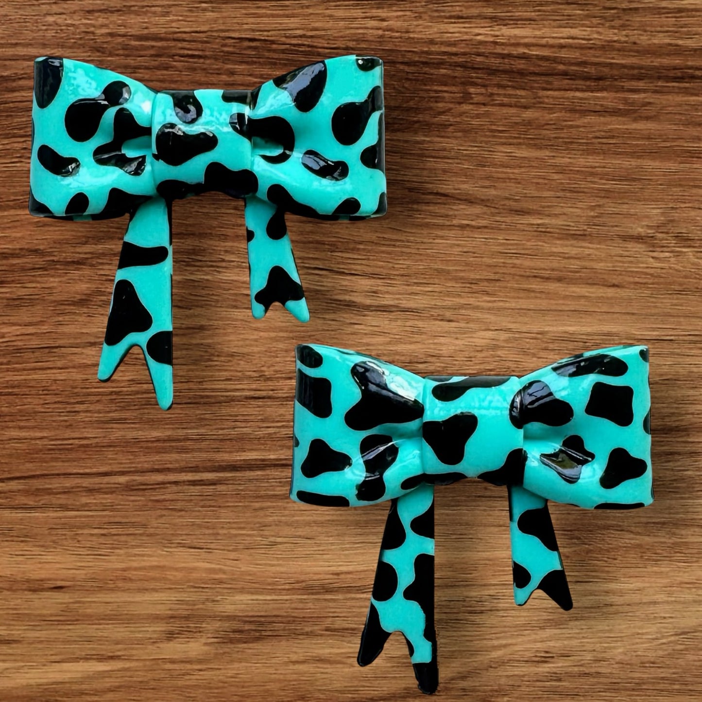 Shiny Turquoise Cow Print Bow Focal/Straw Topper