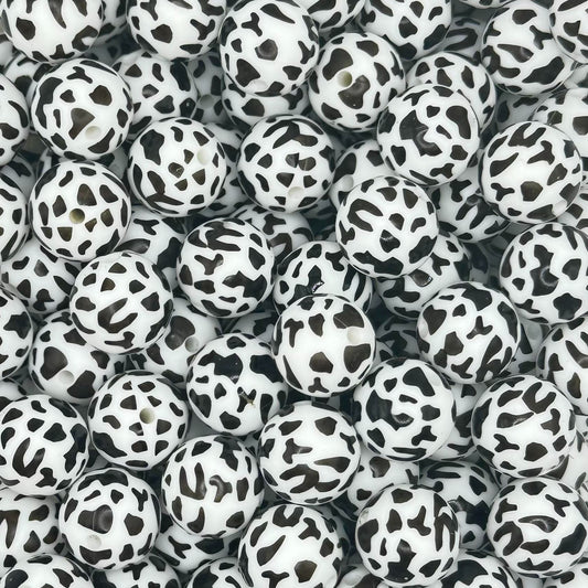 15mm Black and White Cow Silicone Bead