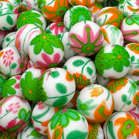 15mm Green Retro Flowers Silicone Bead