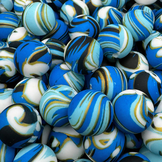 15mm Gold and Blue Swirl Silicone Bead