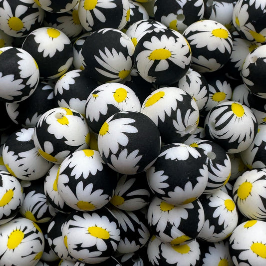 15mm Black With Daisies Silicone Bead
