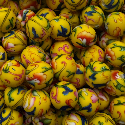 15mm Yellow Floral Silicone Bead