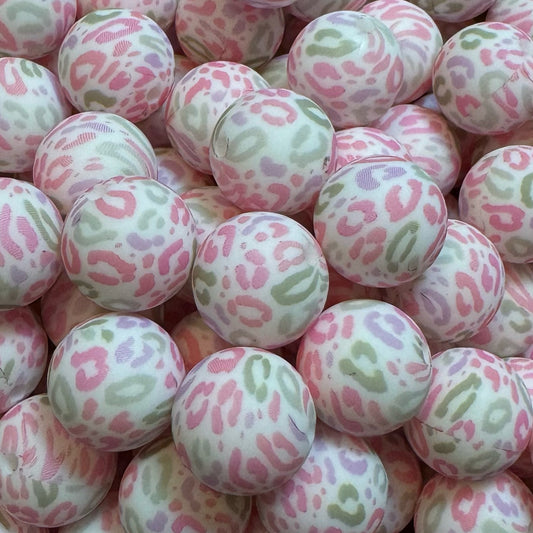 15mm Pink & Mint Leopard Print Silicone Bead