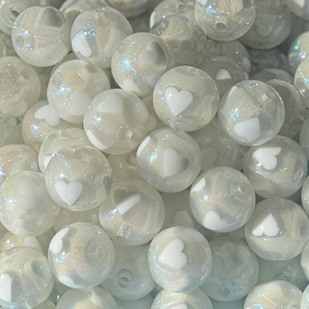 16mm White Hearts Iridescent Bead