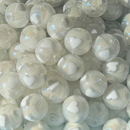 16mm White Hearts Iridescent Bead