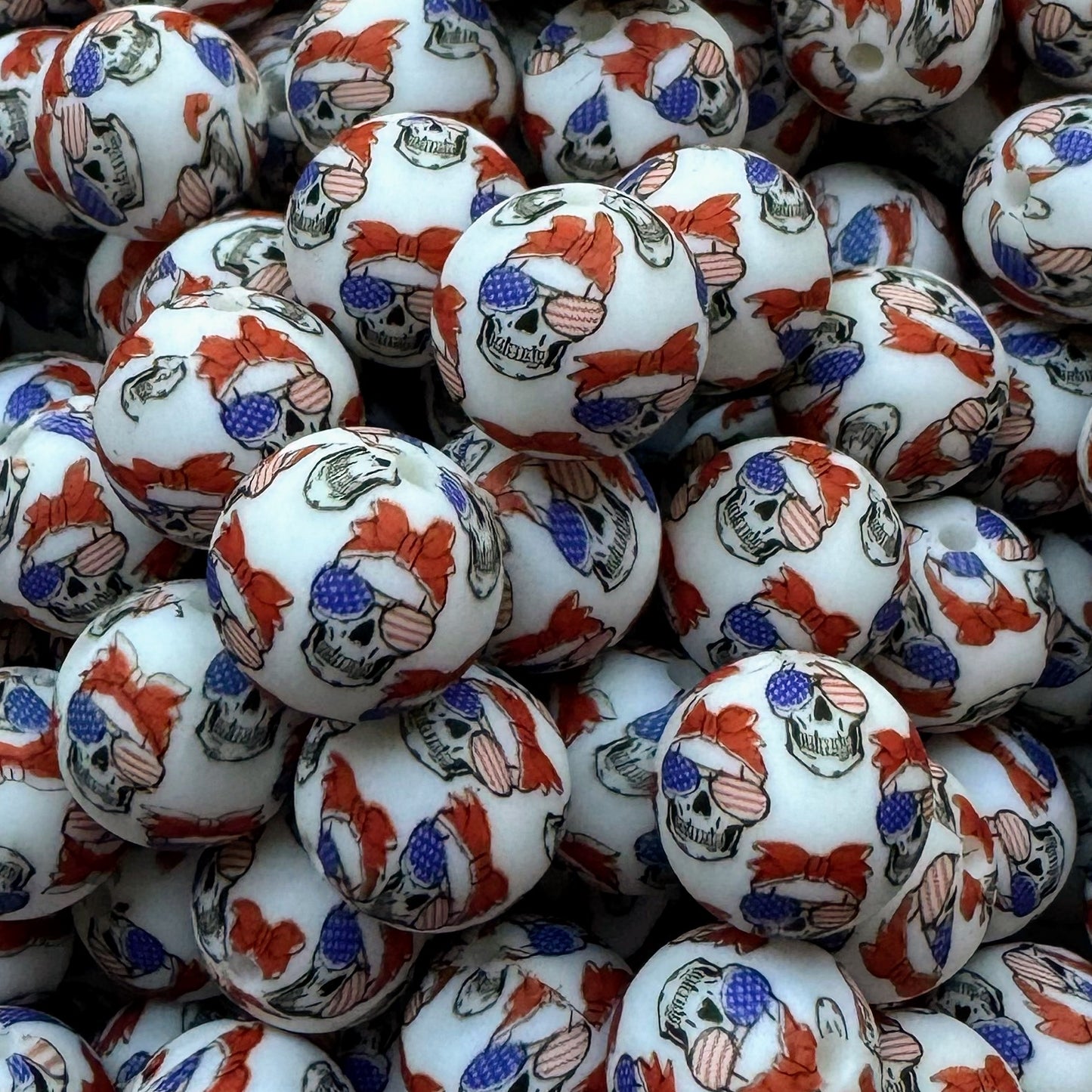 15mm Skull In Red White & Blue Silicone Bead