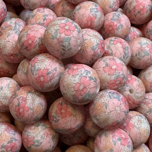 15mm Pink Wildflowers Silicone Bead