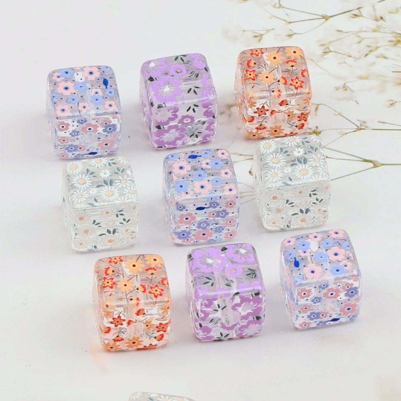 14mm Square Floral Acrylic Beads