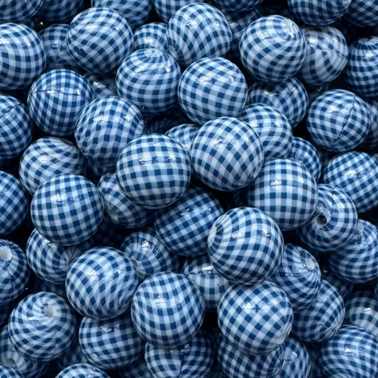 15mm Blue Gingham Silicone Bead
