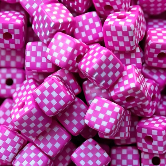 14mm Pink & White Checkered Acrylic Bead