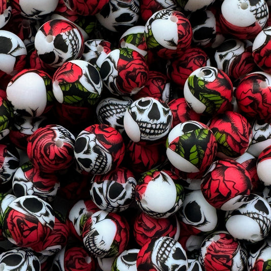 15mm Skull & Roses Silicone Bead