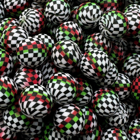 15mm Red & Green Checkered Silicone Bead