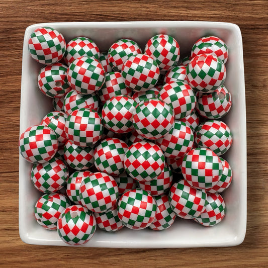 16mm Checkered Christmas Print Acrylic Bead