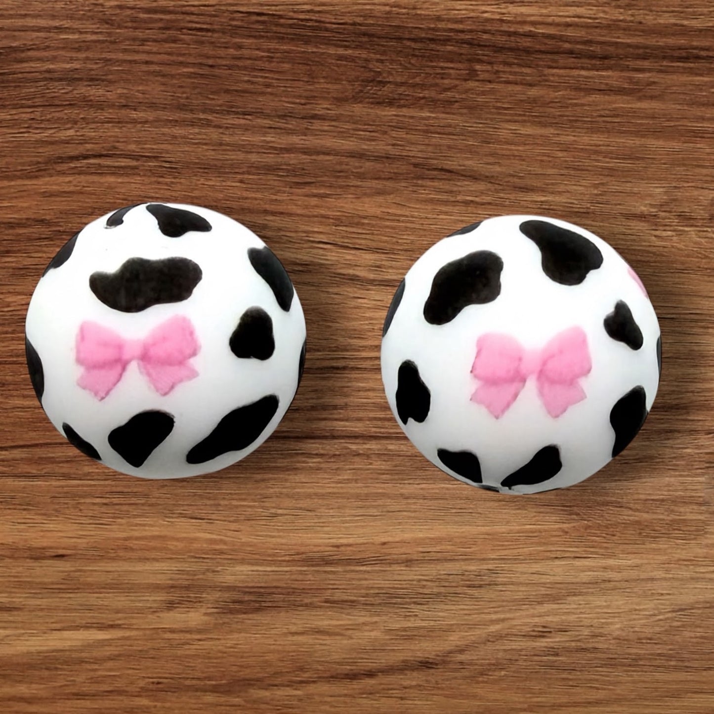 15mm Pink Bow Black Cow Print Silicone Bead (Exclusive)