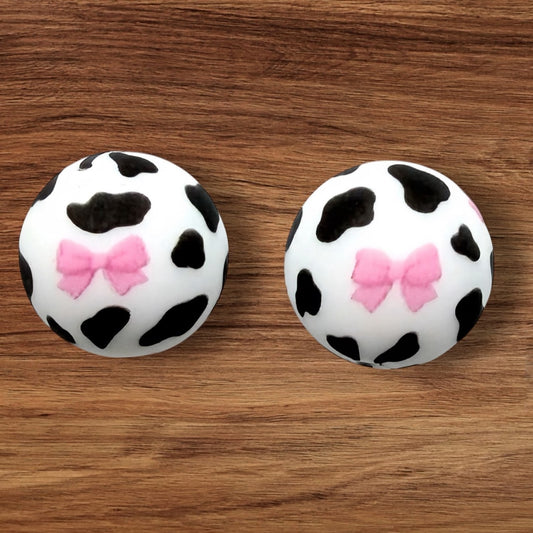 15mm Pink Bow Black Cow Print Silicone Bead (Exclusive)