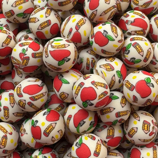 15mm Pencils & Apples Silicone Bead (Off White)