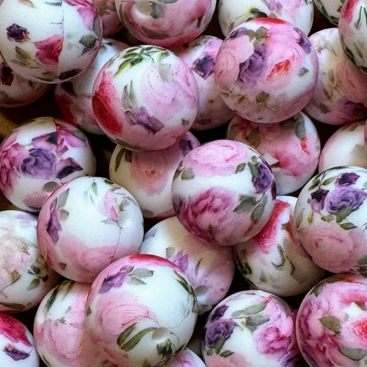 15mm Pink Posie Silicone Bead