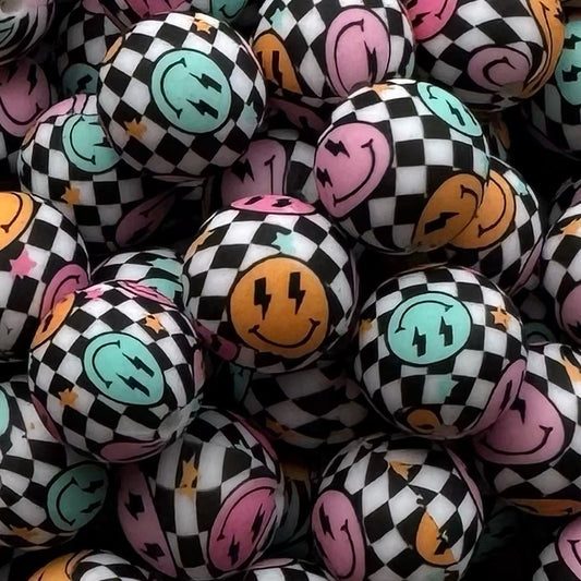 15mm Happy Checkered Silicone Bead