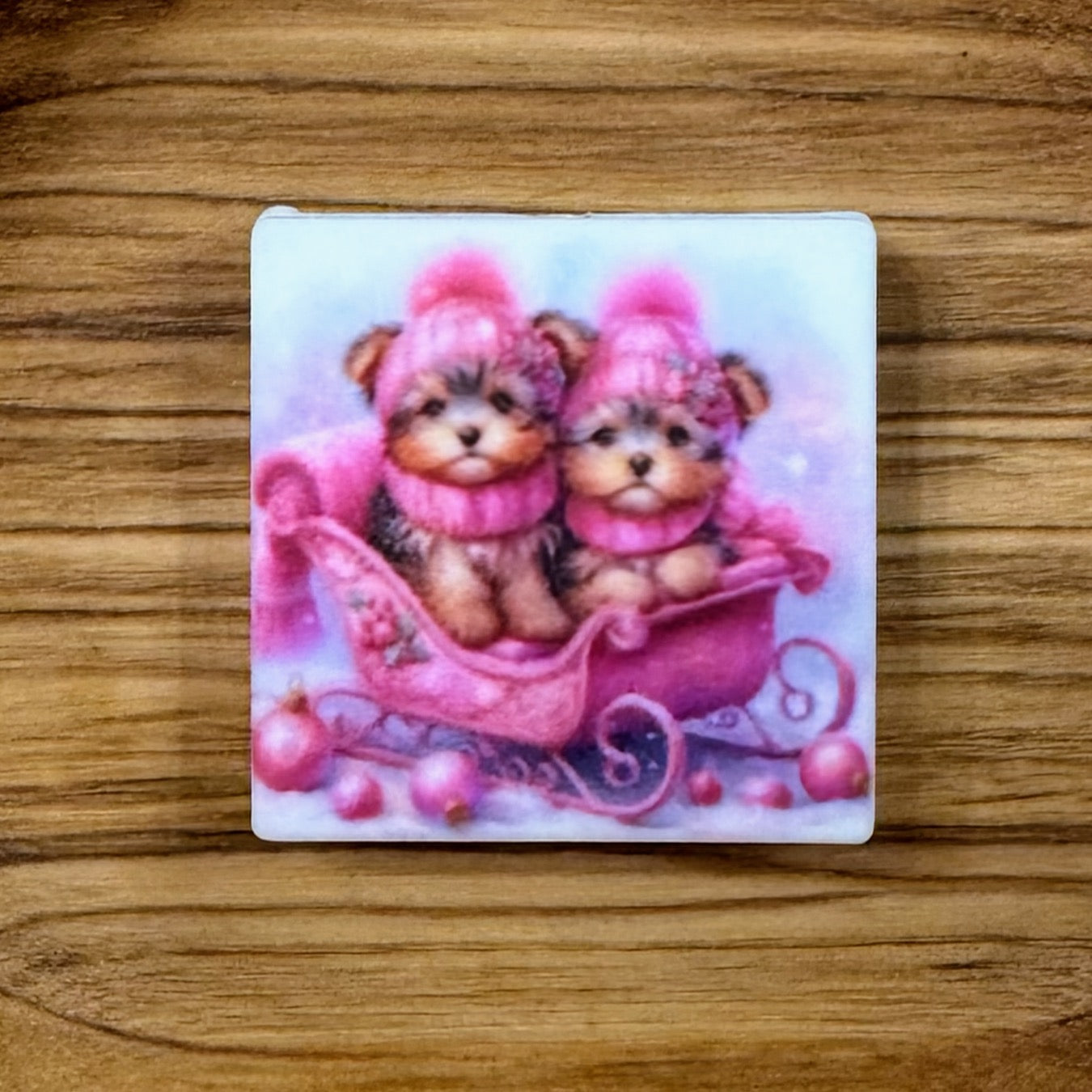 Cute Yorkies In Pink Sleigh Focal