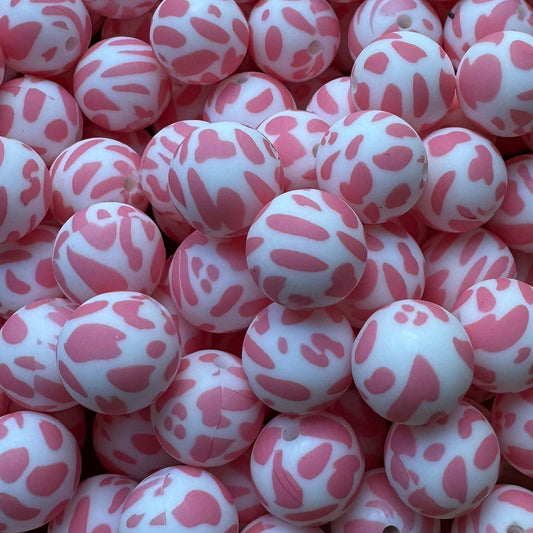 15mm Pink Cow Print Silicone Bead