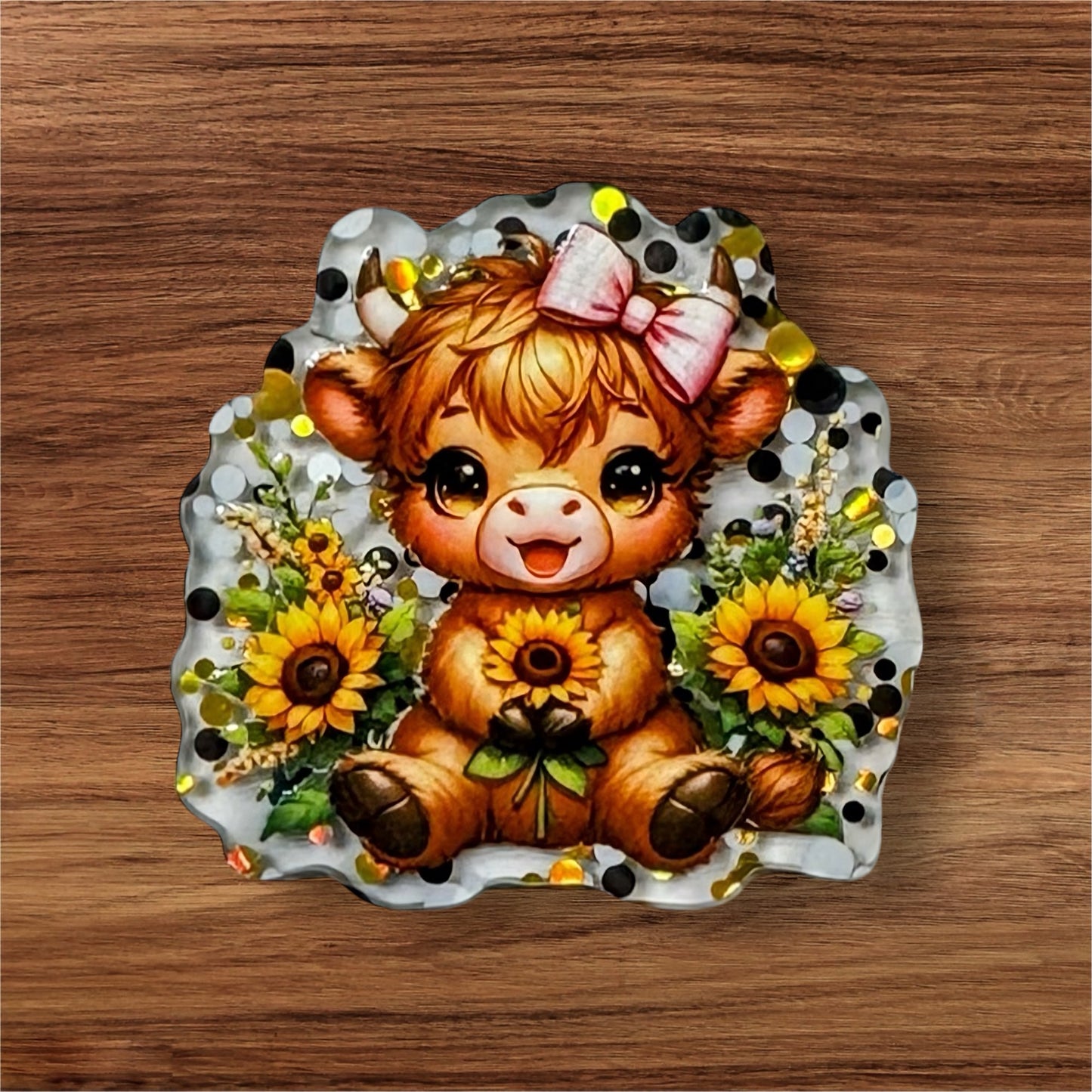 Cow With Sunflowers Chunky Glitter Acrylic Flatback