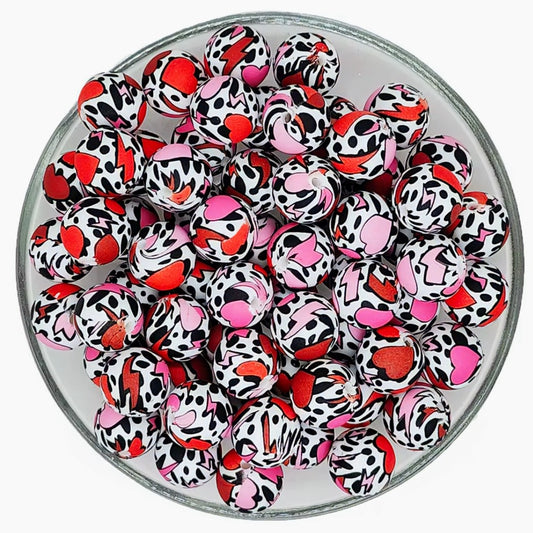 15mm Hearts & Cow Print Silicone Bead