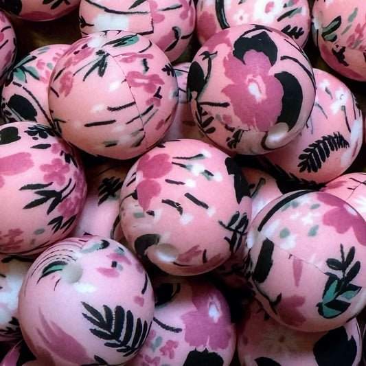 15mm Pink Floral Silicone Bead