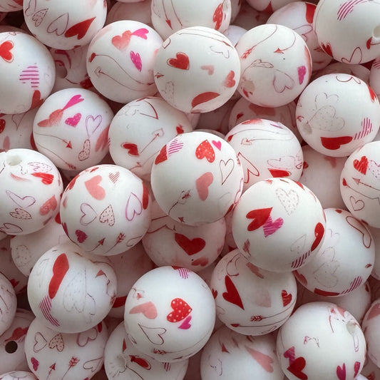 15mm Hearts On White Silicone Bead