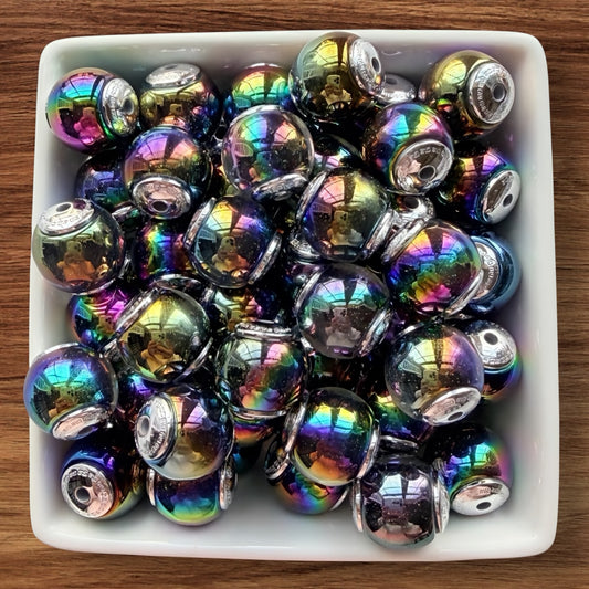 16mm Galaxy Glitter Acrylic Bead With Silver End Caps (Black)