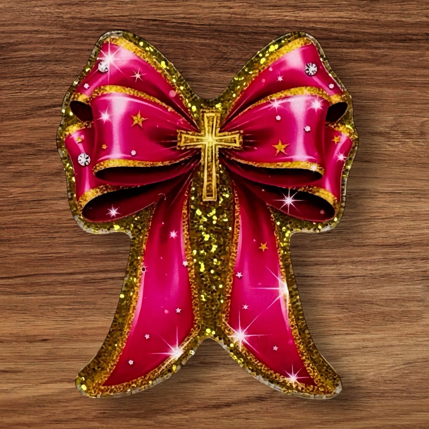 Pink Bow With Cross Acrylic Flatback