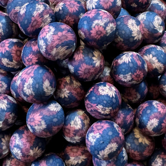 15mm Blue Wildflowers Silicone Bead