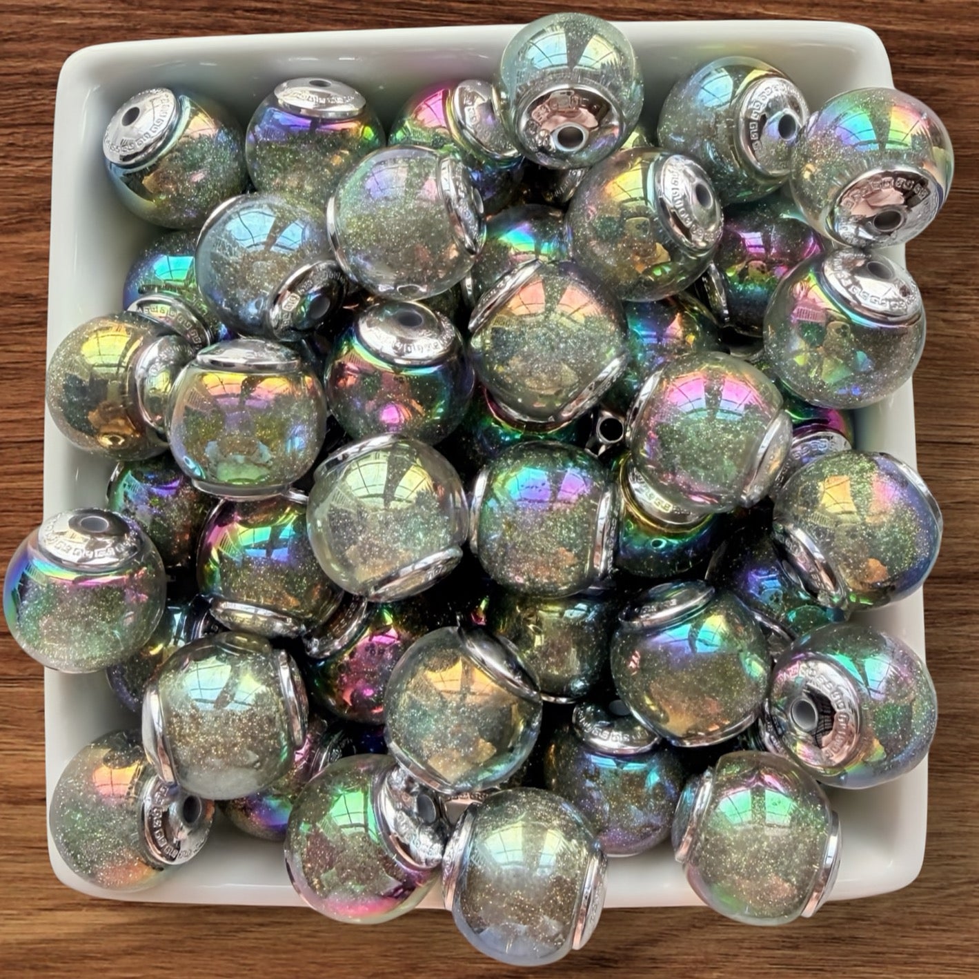 16mm Galaxy Glitter Acrylic Bead With Silver End Caps (Silver)
