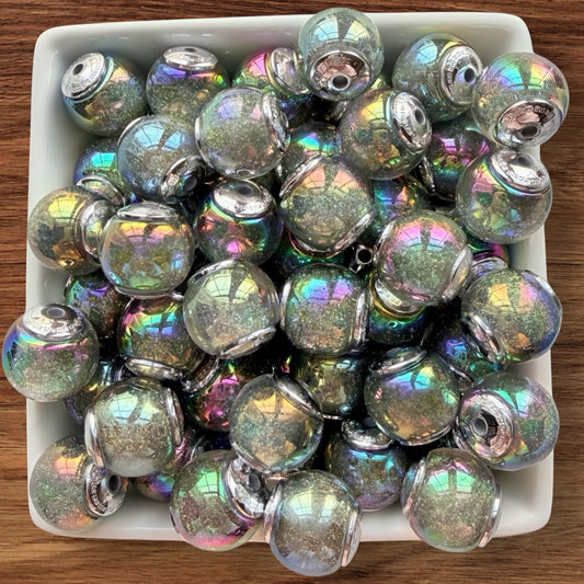 16mm Galaxy Glitter Acrylic Bead With Silver End Caps (Silver)