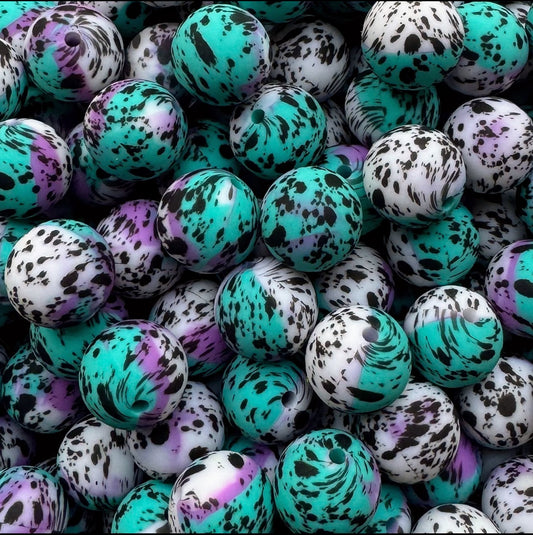 15mm Purple & Teal Black Splatter Silicone Bead