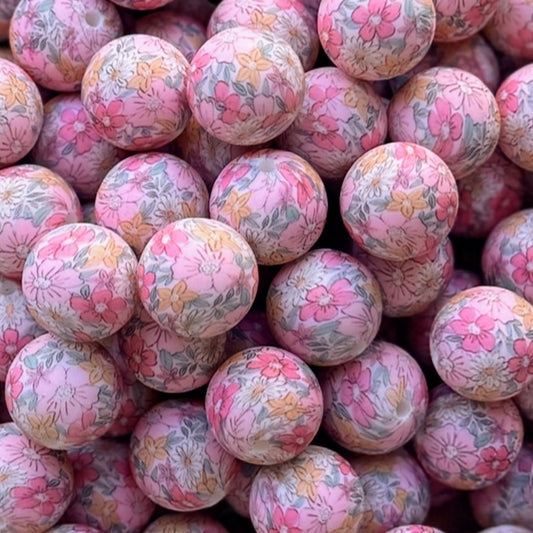 15mm Pink Wildflowers Silicone Bead