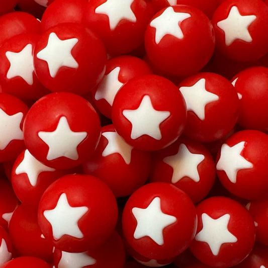 15mm Red With White Star Silicone Bead