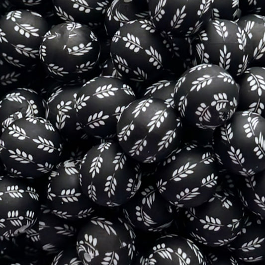 15mm Black & White Leaf Silicone Bead