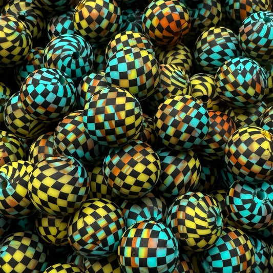 15mm Yellow & Blue Checkered Silicone Bead