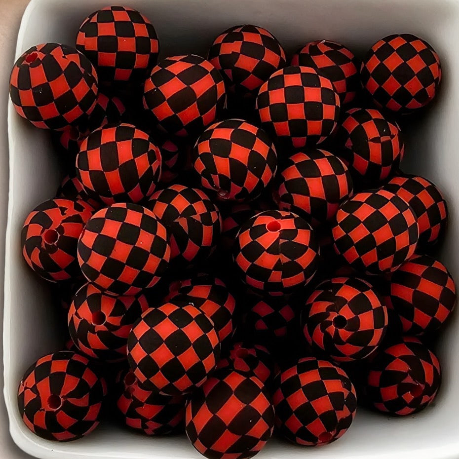 15mm Red Checkered Silicone Bead