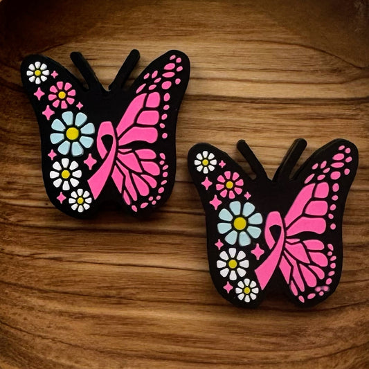 Butterfly With Pink Ribbon And Flowers Focal