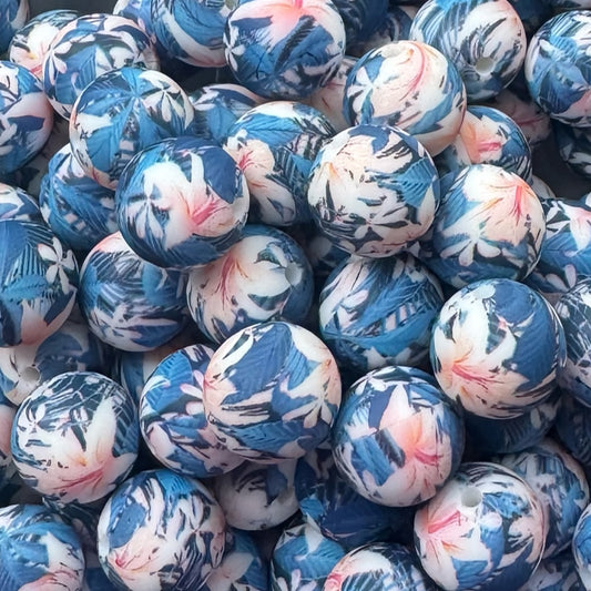 15mm Blue Floral Silicone Bead