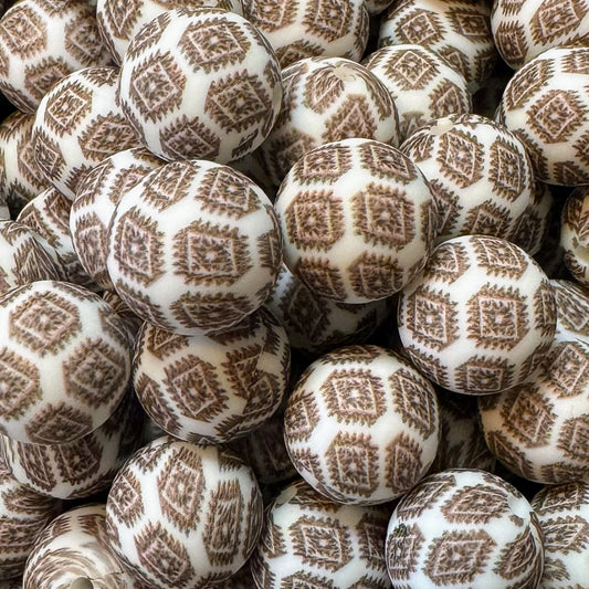 15mm Brown & White Aztec Silicone Bead