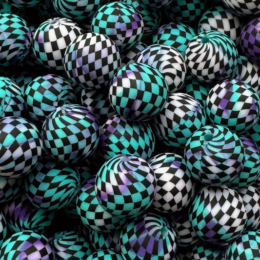 15mm Blue & Purple Checkered Silicone Bead