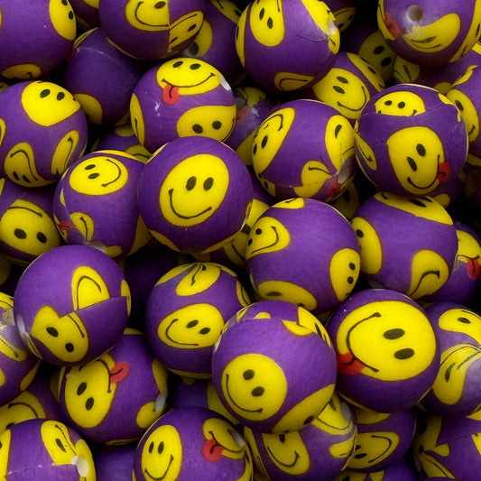 15mm Purple Happy Face Silicone Bead